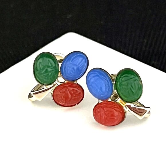 Vintage Earrings Egyptian Revival Scarabs Gold Tone Screwback Clasp 5X - Picture 4 of 5